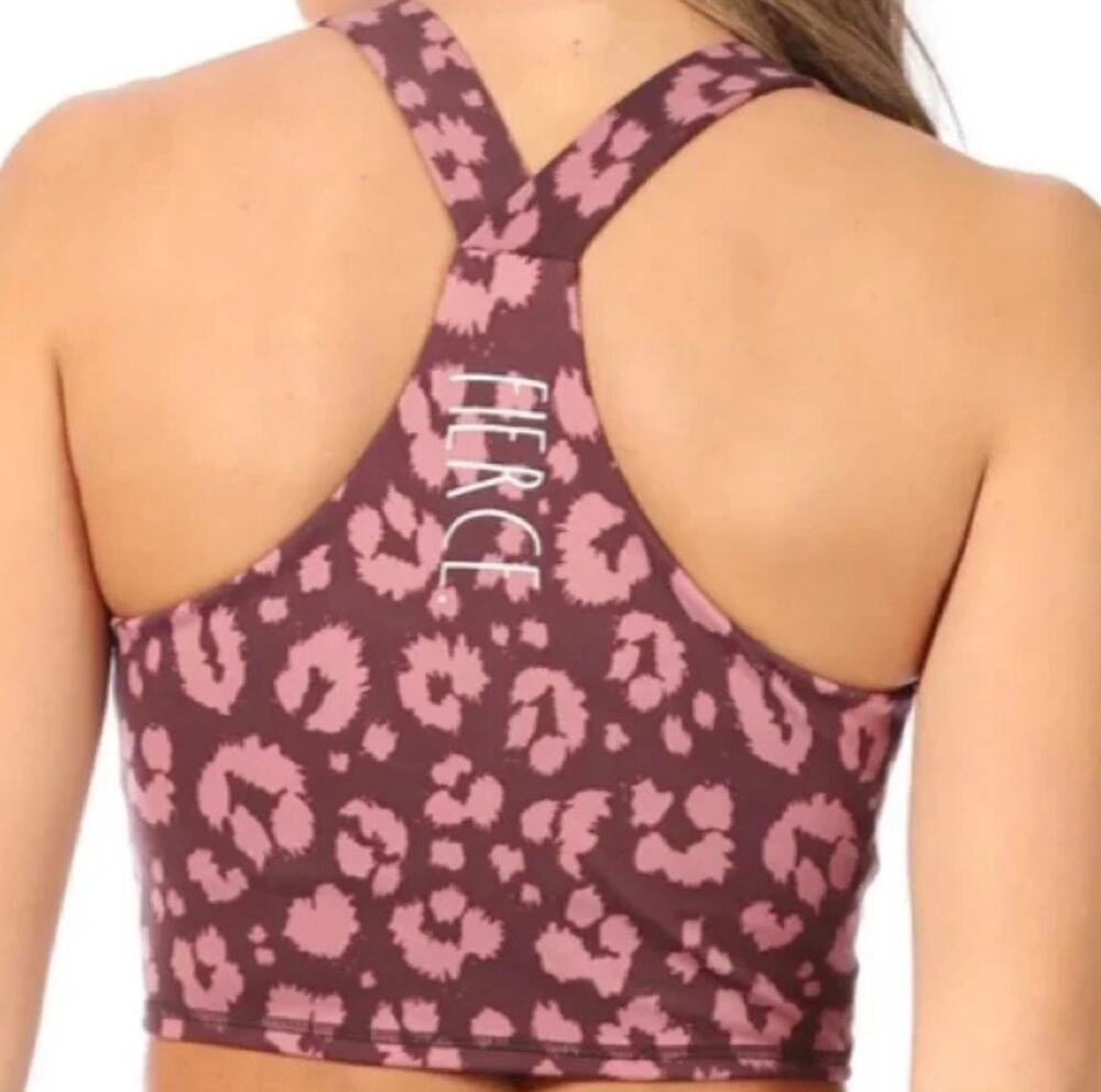 Rae Dunn Pounce Longline Bra Top Fierce Racerback Leopard Print burgundy pink